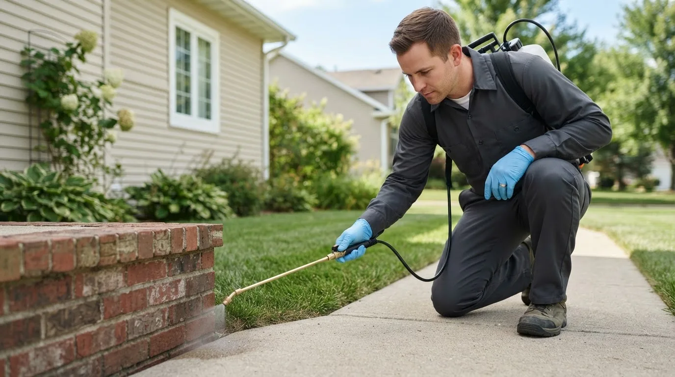 Pest control technician treating a home near Williamstown, MO