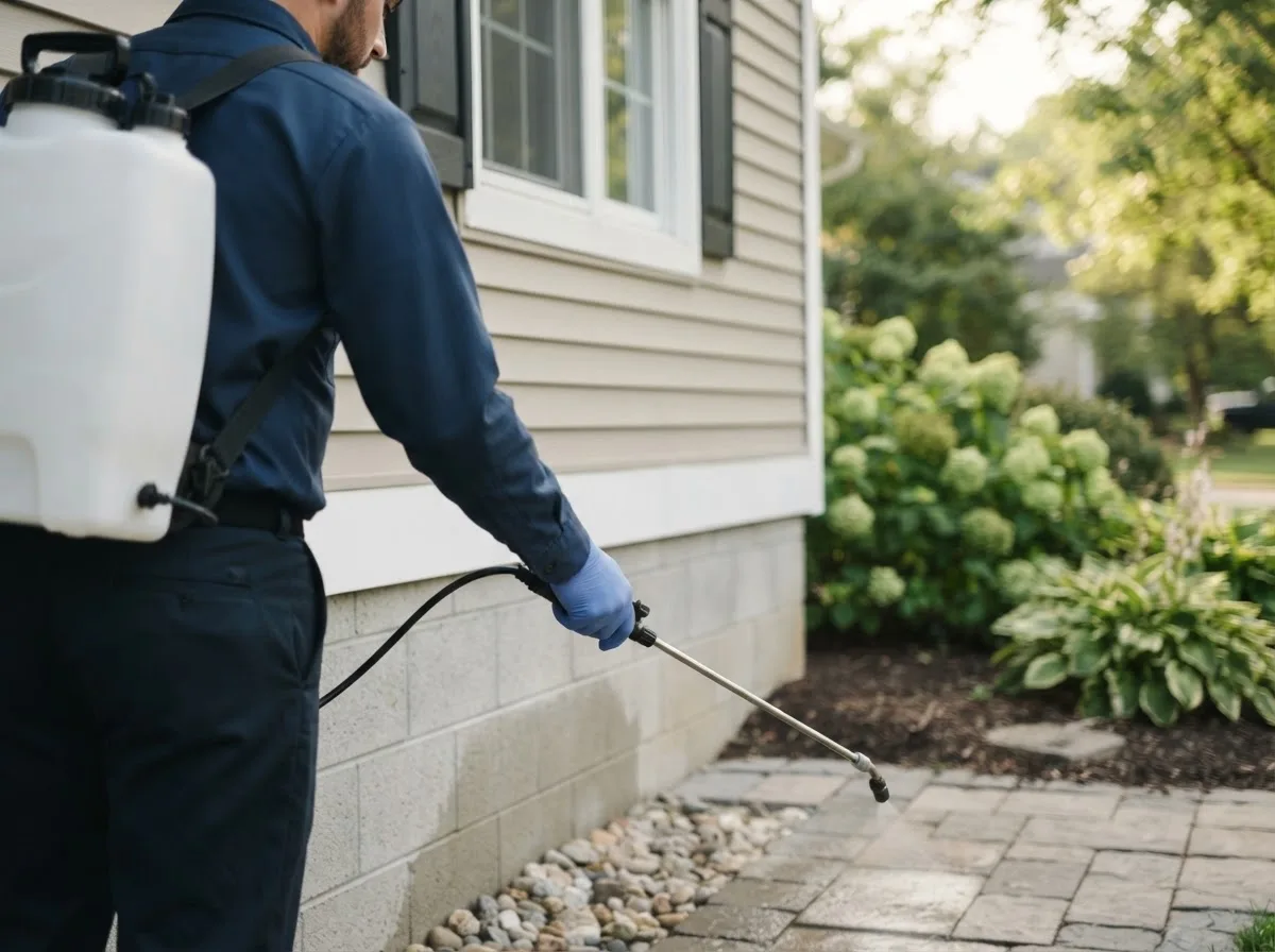 Pest control technician inspecting a home in Williamstown, MO